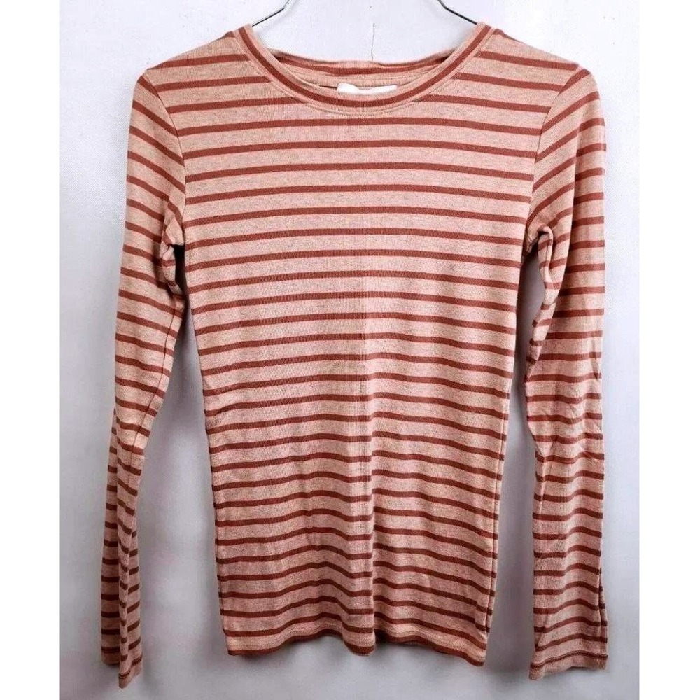 Vince Striped Long Sleeve Tee Women S Pink Brown Knit Crew Neck Top